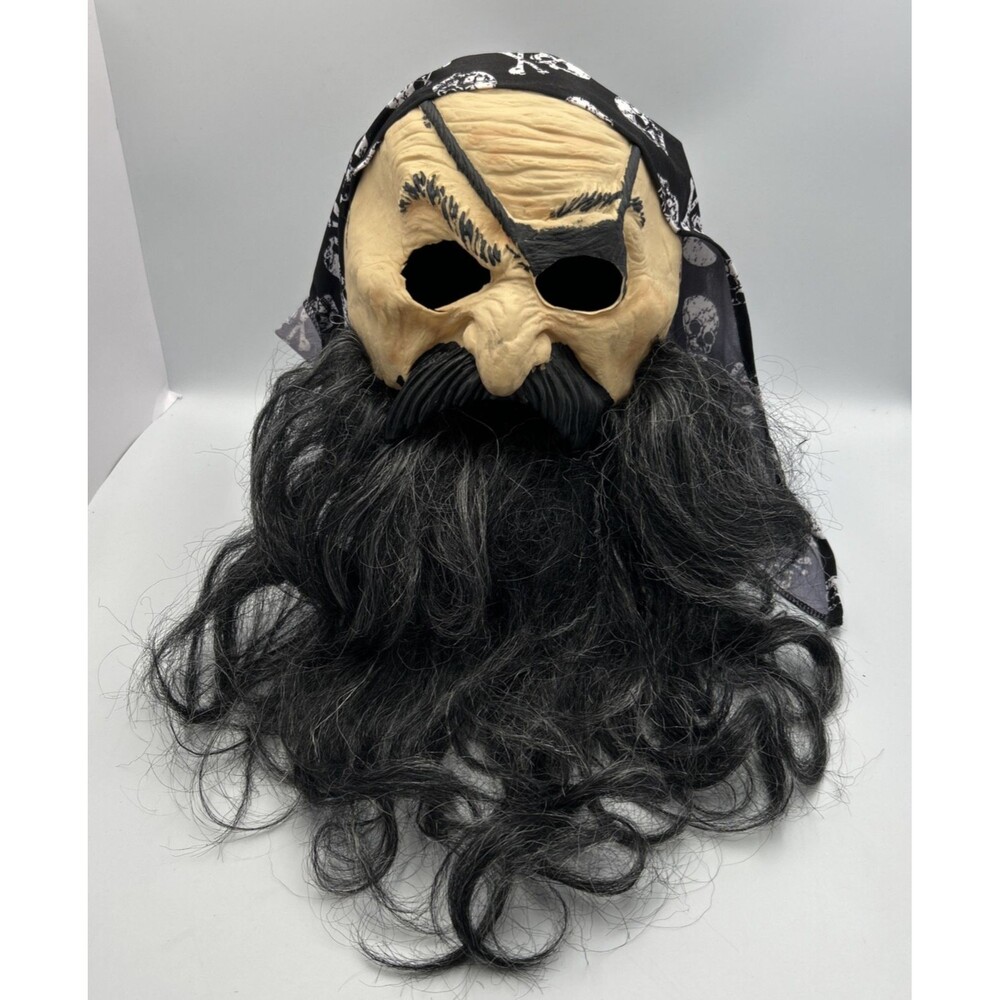 Vintage Pirate Halloween Mask Long Black Beard Skull Bandana Costume Prop